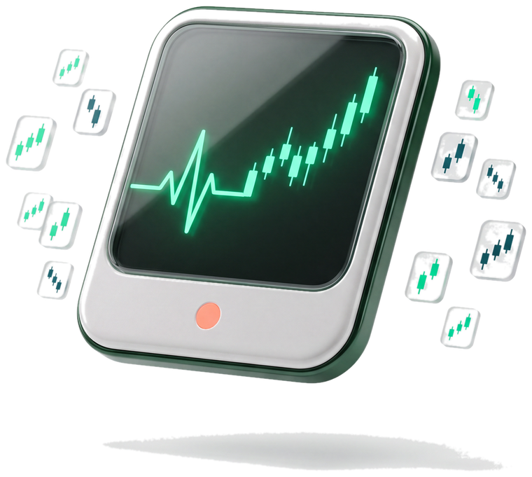 A diagnostic monitor showing a heartbeat line turning into a rising candlestick chart